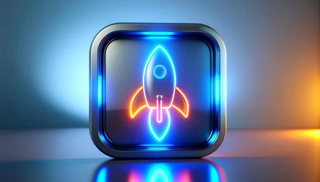 Badge 3D néon fusée — lancez votre projet de site internet