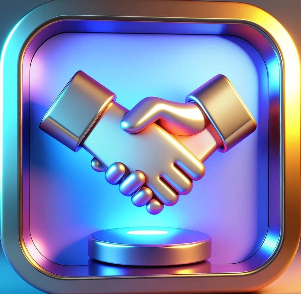 Poignée de main 3D style néon — premier contact avec l'agence web CS Créatif Web