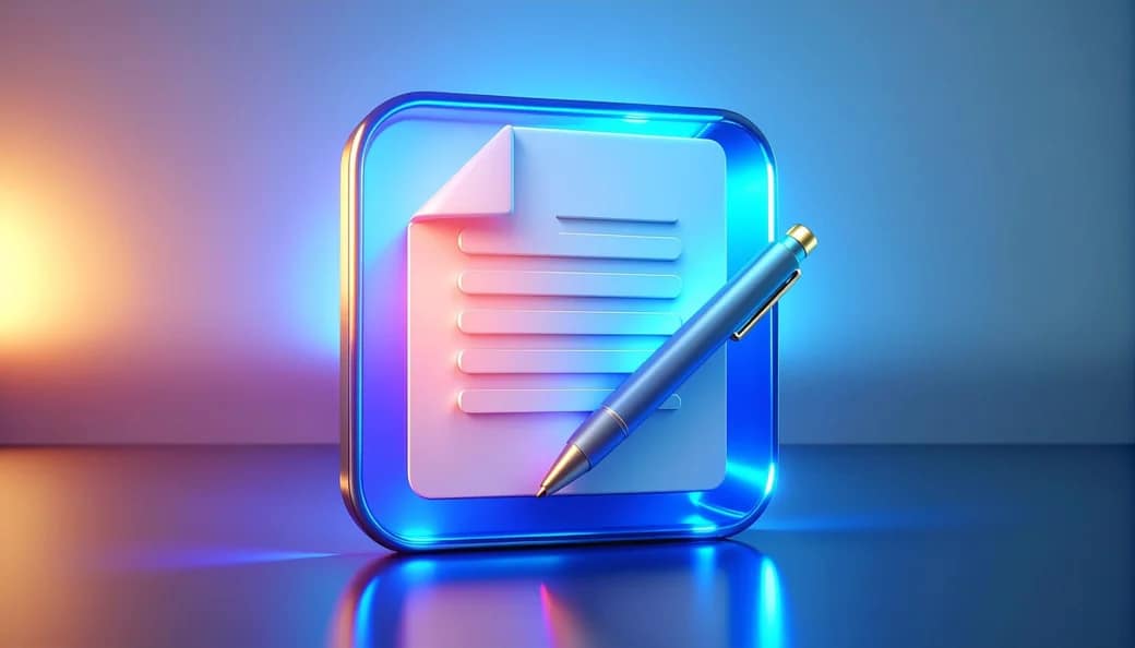 Badge 3D néon d'un document et d'un stylo — devis de site internet CS Créatif Web