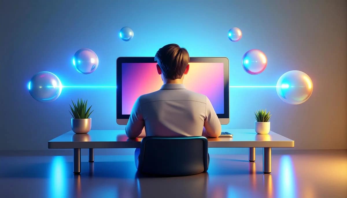 Créateur de sites internet assis face à son écran, ses idées de projets web en orbite au-dessus de sa tête
