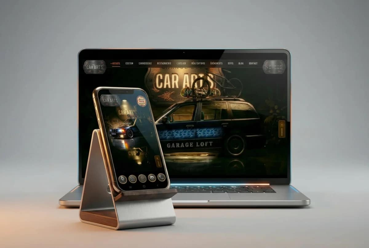 Site Car Art's, carrosserie custom à Pont-du-Casse, affiché sur ordinateur portable et smartphone