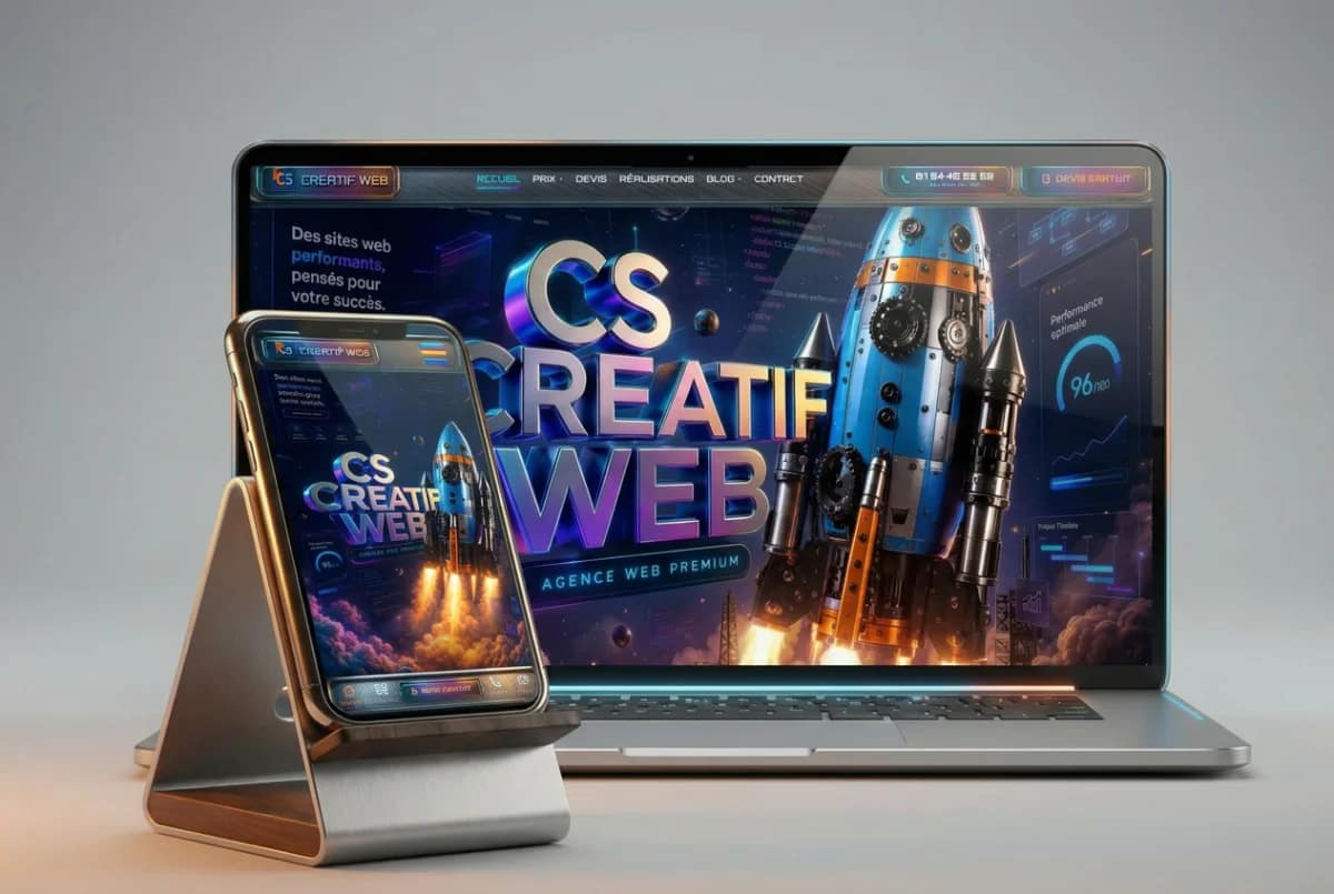 Site de l'agence CS Créatif Web affiché sur ordinateur portable et smartphone — notre propre vitrine technique