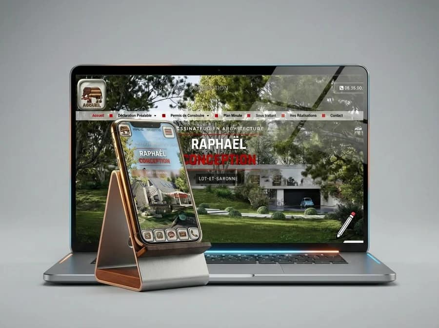 Site de Raphaël Conception, dessinateur en architecture et urbanisme, affiché sur ordinateur portable